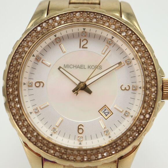 Michael Kors 42mm Watch Gold Tone MOP Dial Jewel Bezel MK5258 Stainless Steel - Picture 6 of 15